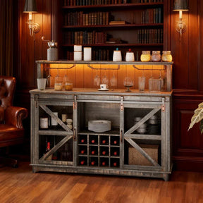 Farmhouse Distressed Brown LED Coffee Bar Cabinet - Omega Lifestyles