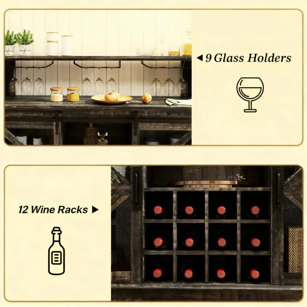 Farmhouse Distressed Brown LED Coffee Bar Cabinet - Omega Lifestyles