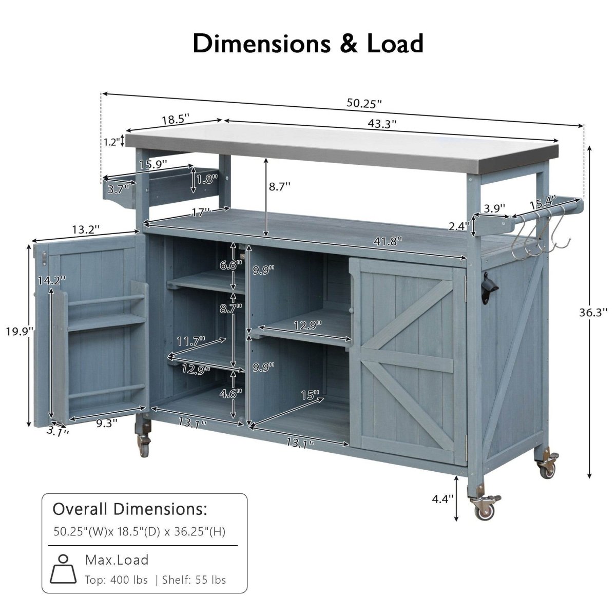 Farmhouse Solid Fir Wood Outdoor Kitchen Island Cart - Driftwood - Omega Lifestyles