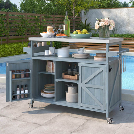 Farmhouse Solid Fir Wood Outdoor Kitchen Island Cart - Driftwood - Omega Lifestyles