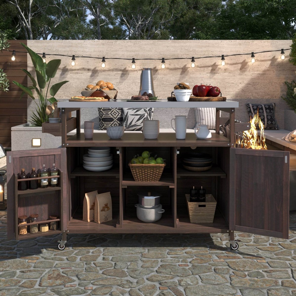 Farmhouse Solid Fir Wood Outdoor Kitchen Island Cart - Driftwood - Omega Lifestyles