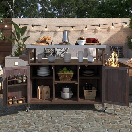 Farmhouse Solid Fir Wood Outdoor Kitchen Island Cart - Driftwood - Omega Lifestyles