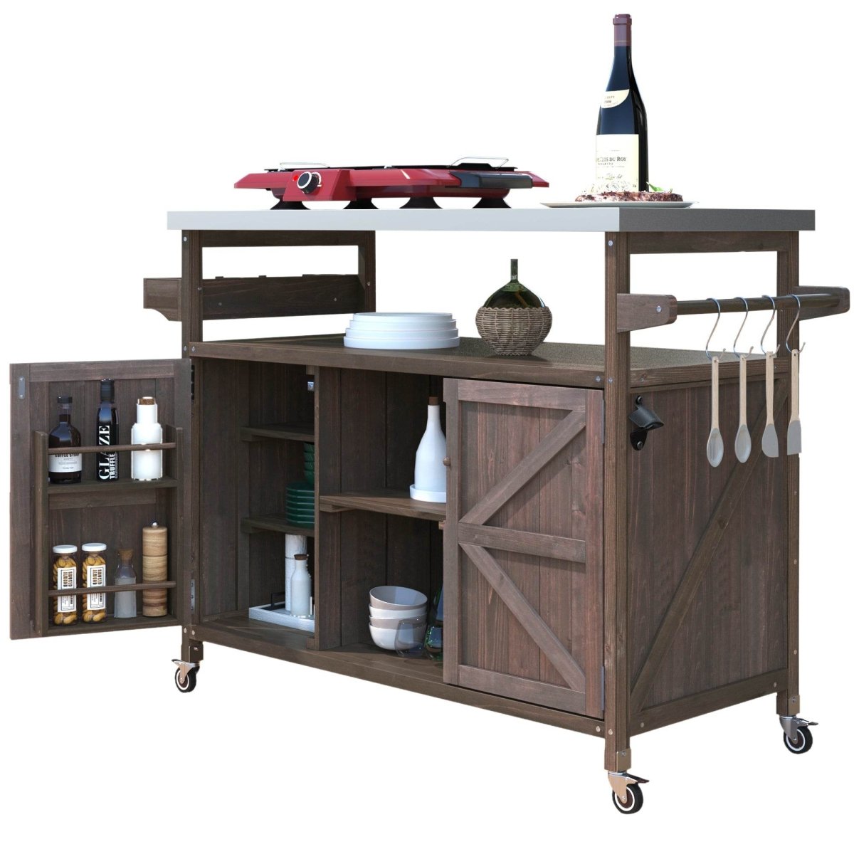 Farmhouse Solid Fir Wood Outdoor Kitchen Island Cart - Driftwood - Omega Lifestyles