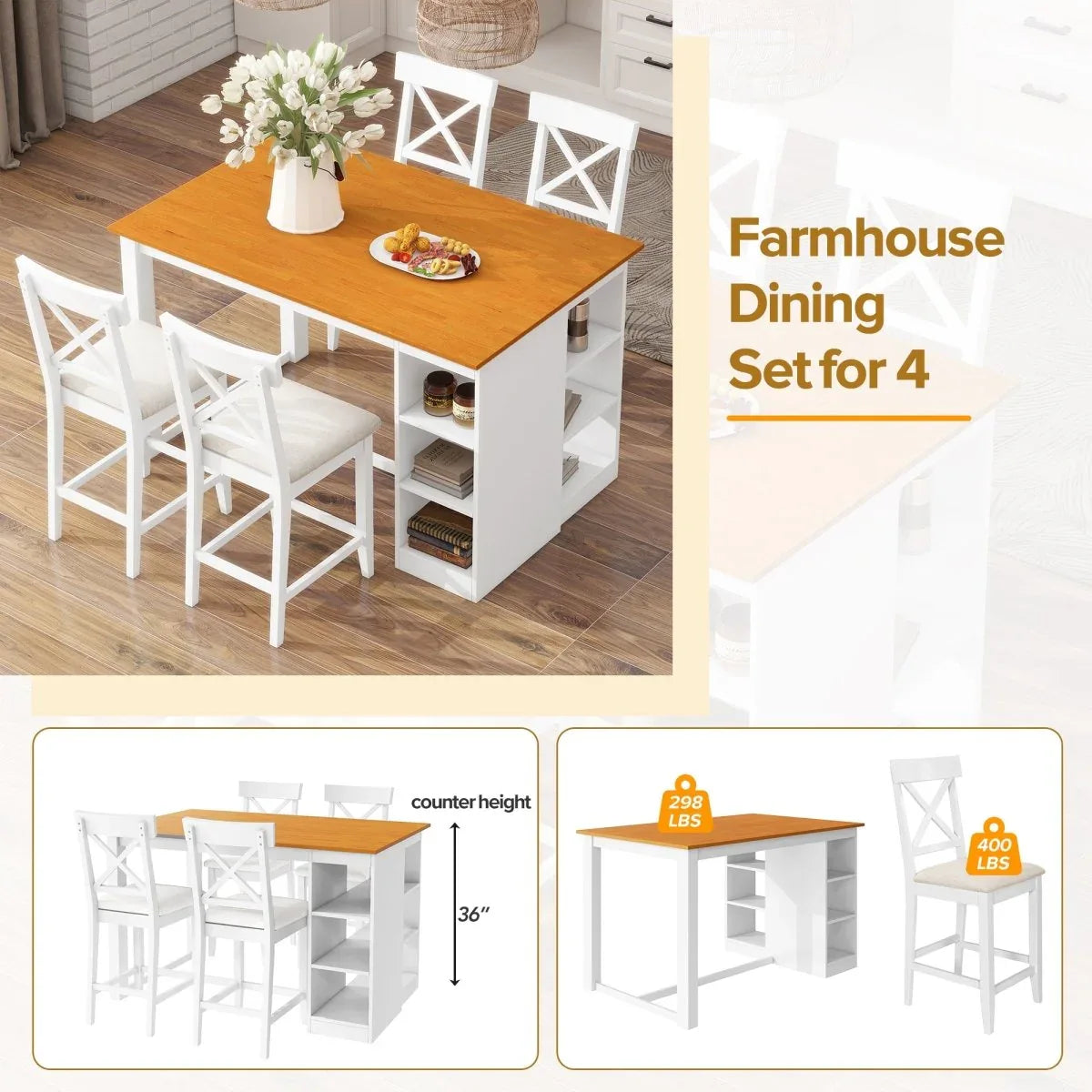 Farmhouse Solid Wood 5-Piece Counter Height Dining Set - Omega Lifestyles