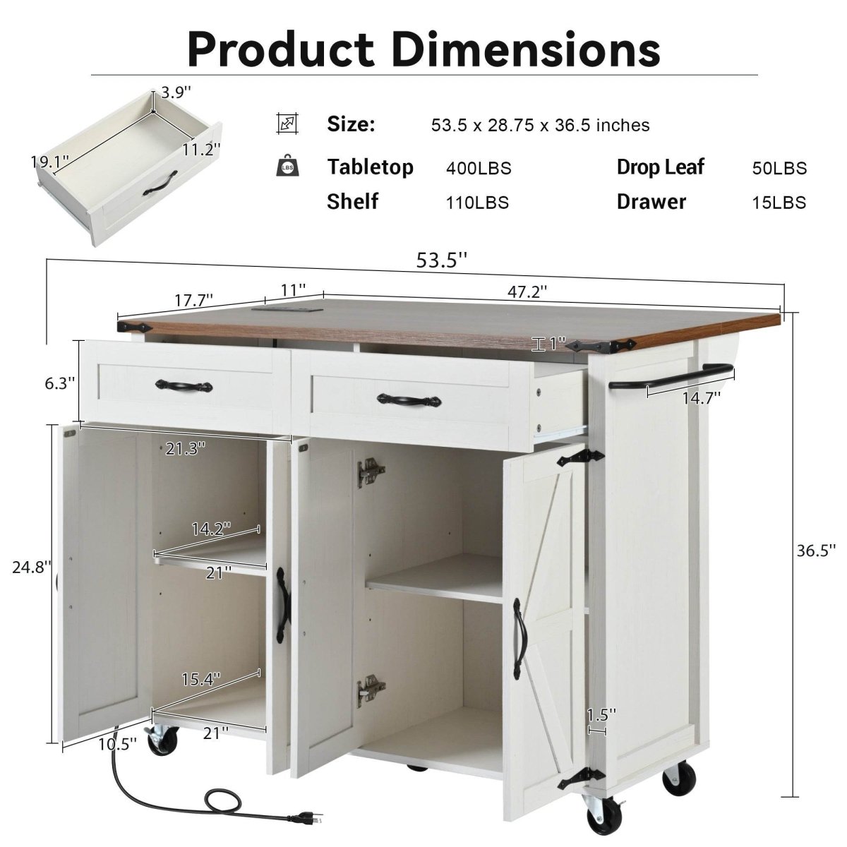 Farmhouse Style Kitchen Island Cart With Power Outlet - Driftwood - Omega Lifestyles