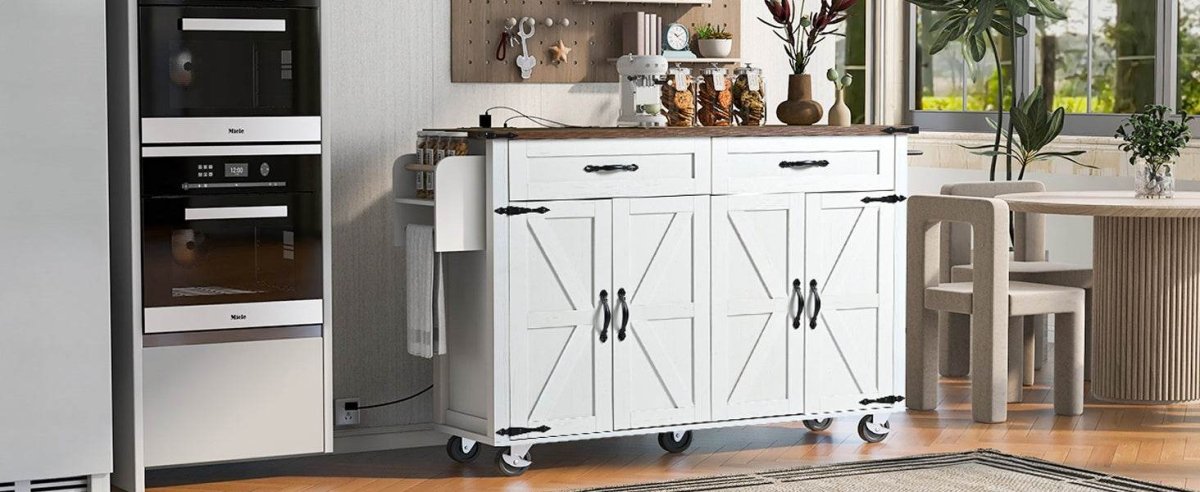 Farmhouse Style Kitchen Island Cart With Power Outlet - Driftwood - Omega Lifestyles
