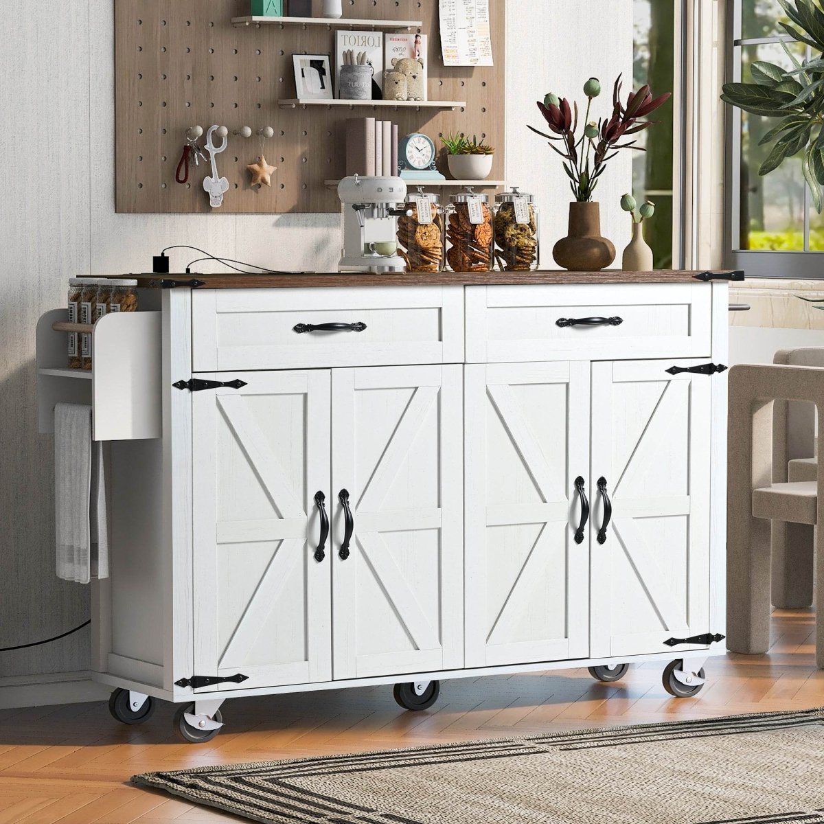 Farmhouse Style Kitchen Island Cart With Power Outlet - Driftwood - Omega Lifestyles