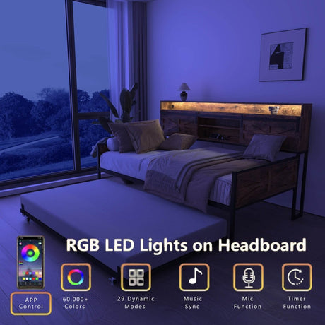 Farmhouse Twin Daybed With Trundle Charging Station And LED - Driftwood - Omega Lifestyles