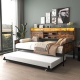 Farmhouse Twin Daybed With Trundle Charging Station And LED - Driftwood - Omega Lifestyles