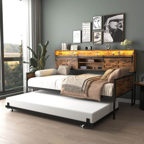 Farmhouse Twin Daybed With Trundle Charging Station And LED - Driftwood - Omega Lifestyles