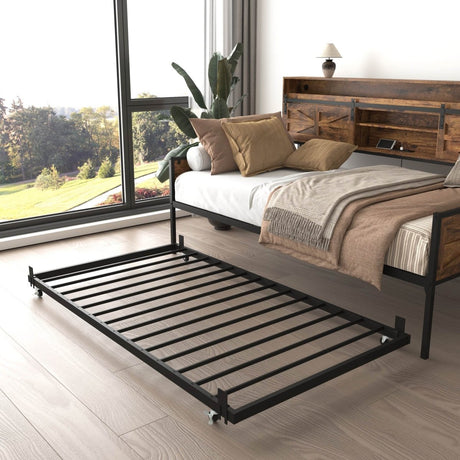 Farmhouse Twin Daybed With Trundle Charging Station And LED - Driftwood - Omega Lifestyles