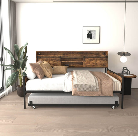 Farmhouse Twin Daybed With Trundle Charging Station And LED - Driftwood - Omega Lifestyles