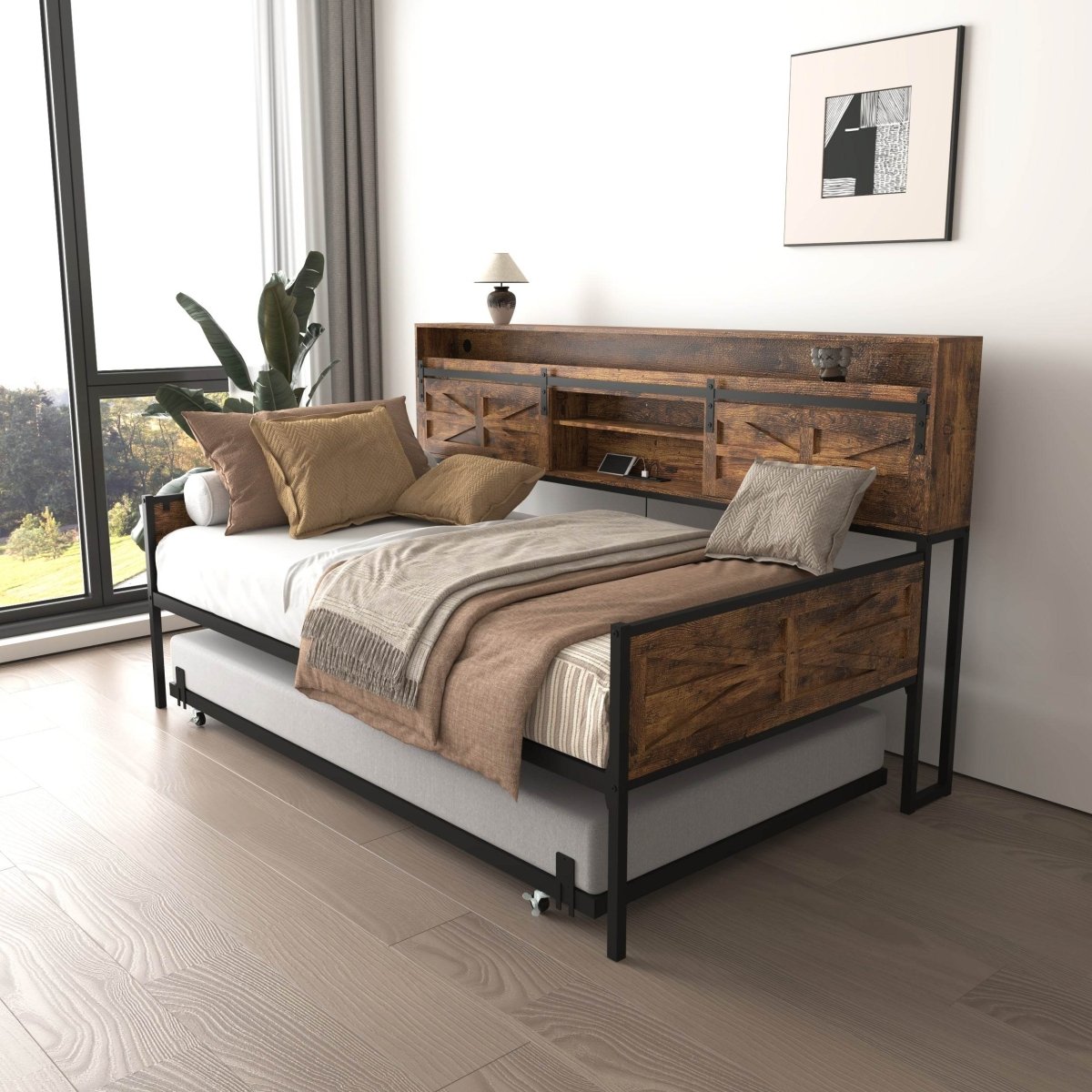 Farmhouse Twin Daybed With Trundle Charging Station And LED - Driftwood - Omega Lifestyles