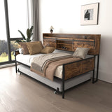 Farmhouse Twin Daybed With Trundle Charging Station And LED - Driftwood - Omega Lifestyles