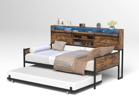 Farmhouse Twin Daybed With Trundle Charging Station And LED - Driftwood - Omega Lifestyles