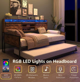 Farmhouse Twin Daybed With Trundle Charging Station And LED - Driftwood - Omega Lifestyles