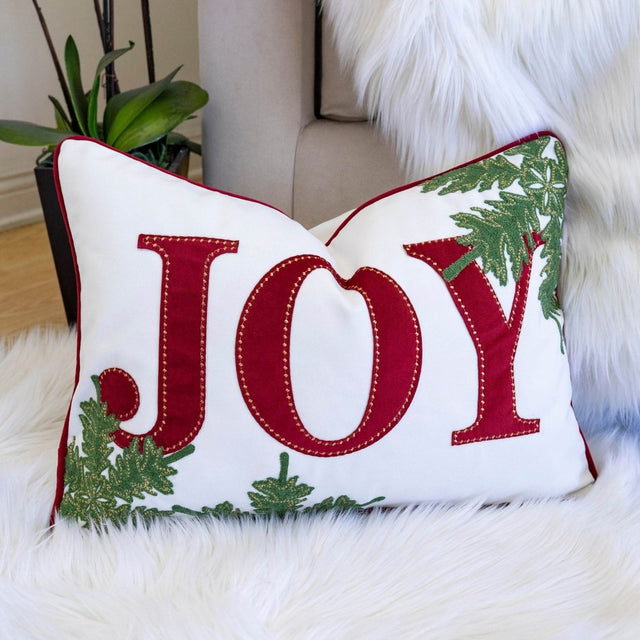 Festive Embroidered JOY Velvet Lumbar Throw Pillow 14x20 Inch - Omega Lifestyles