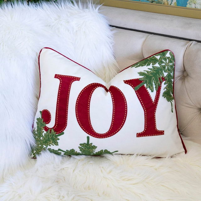 Festive Embroidered JOY Velvet Lumbar Throw Pillow 14x20 Inch - Omega Lifestyles