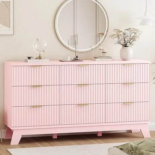 Fluted MidCentury Modern 9-Drawer Wooden Dresser - Omega Lifestyles