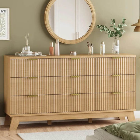 Fluted MidCentury Modern 9-Drawer Wooden Dresser - Omega Lifestyles