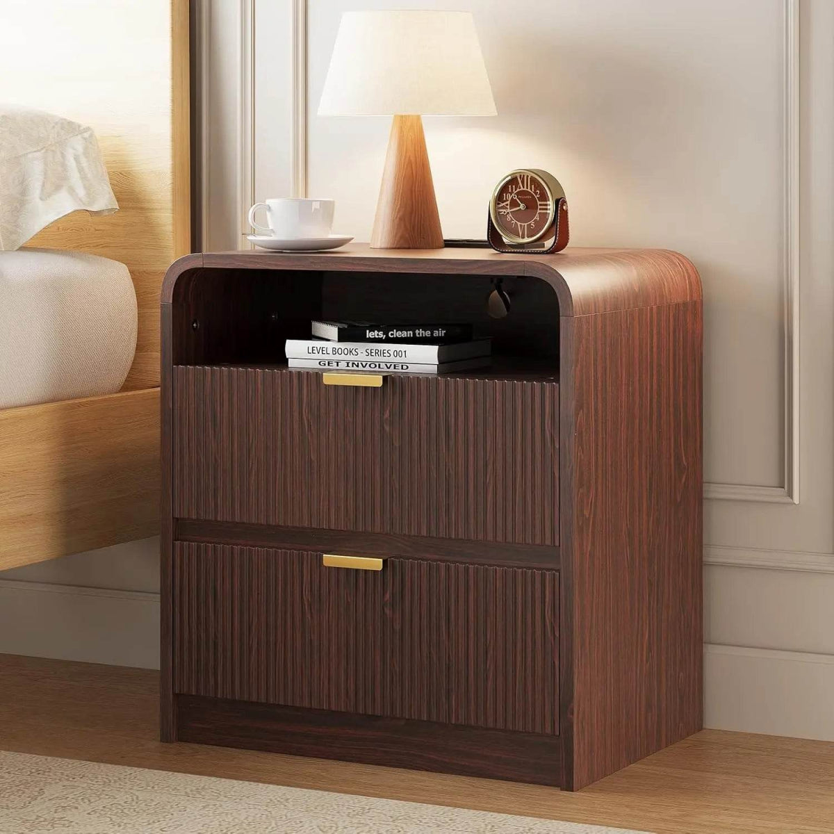 Fluted Modern Nightstand With Charging Station - Omega Lifestyles