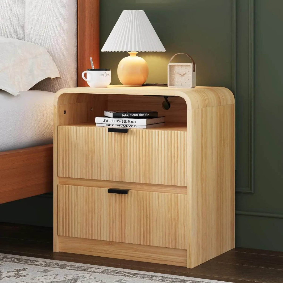 Fluted Modern Nightstand With Charging Station - Omega Lifestyles