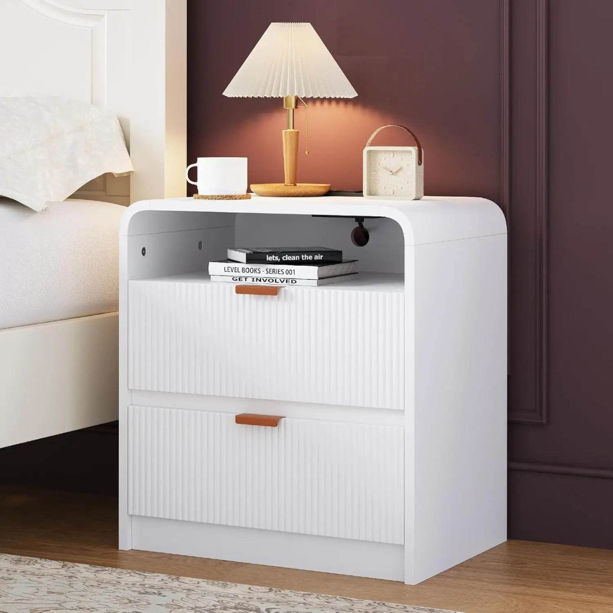 Fluted Modern Nightstand With Charging Station - Omega Lifestyles