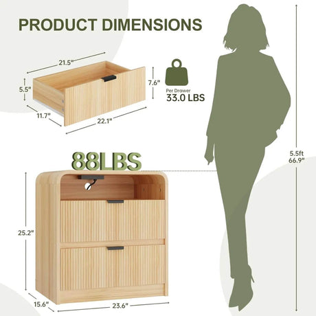 Fluted Modern Nightstand With Charging Station - Omega Lifestyles