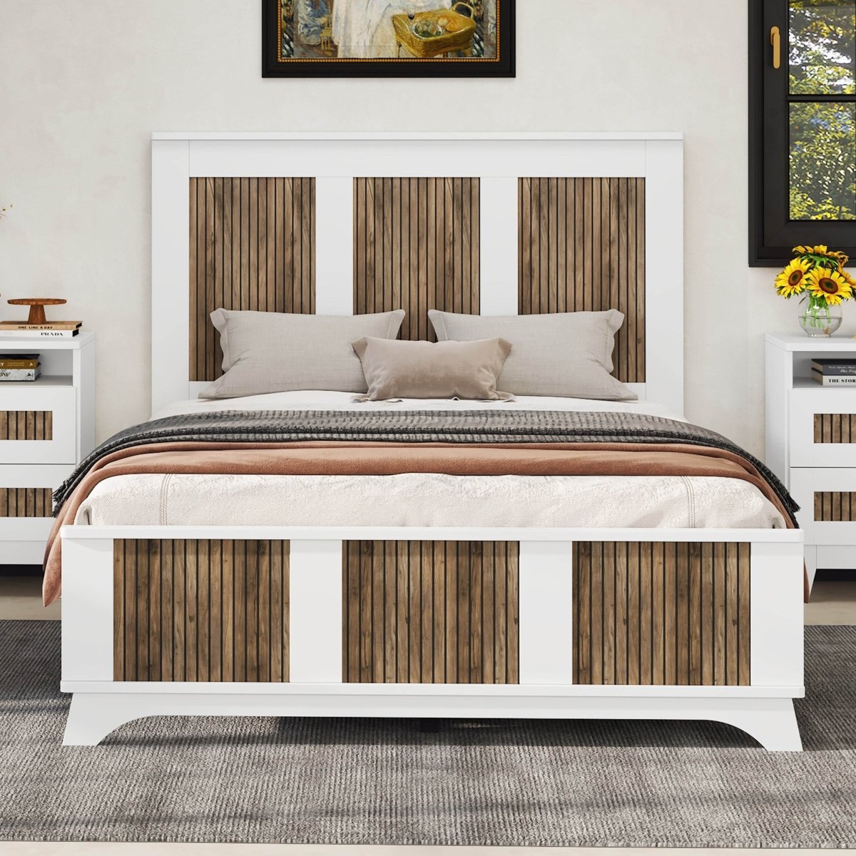 Full Farmhouse Wooden Platform Bed With Plywood Slats - Driftwood - Omega Lifestyles