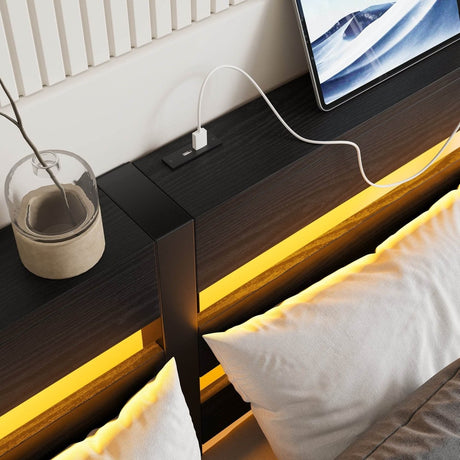 Full Full Size Metal Bed Frame With RGB LED Lights Charging - Driftwood - Omega Lifestyles