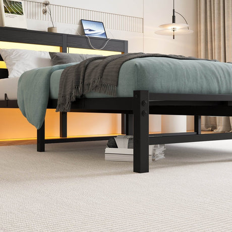 Full Full Size Metal Bed Frame With RGB LED Lights Charging - Driftwood - Omega Lifestyles
