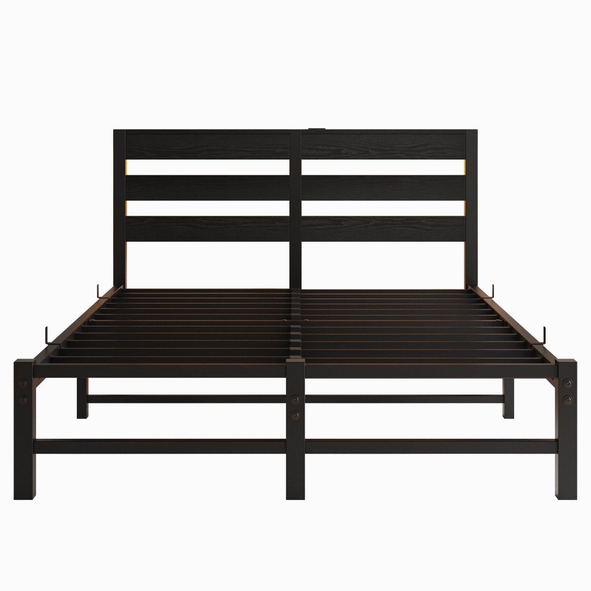 Full Full Size Metal Bed Frame With RGB LED Lights Charging - Driftwood - Omega Lifestyles