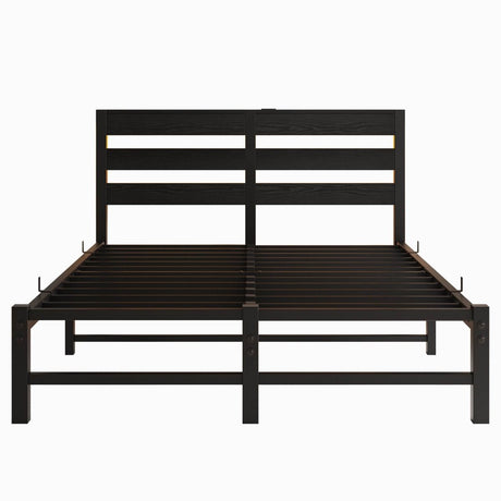 Full Full Size Metal Bed Frame With RGB LED Lights Charging - Driftwood - Omega Lifestyles