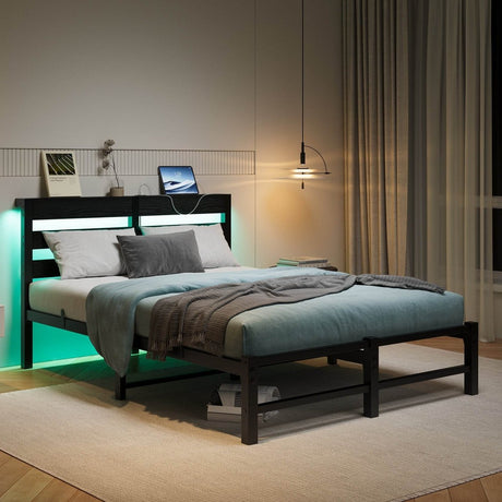 Full Full Size Metal Bed Frame With RGB LED Lights Charging - Driftwood - Omega Lifestyles
