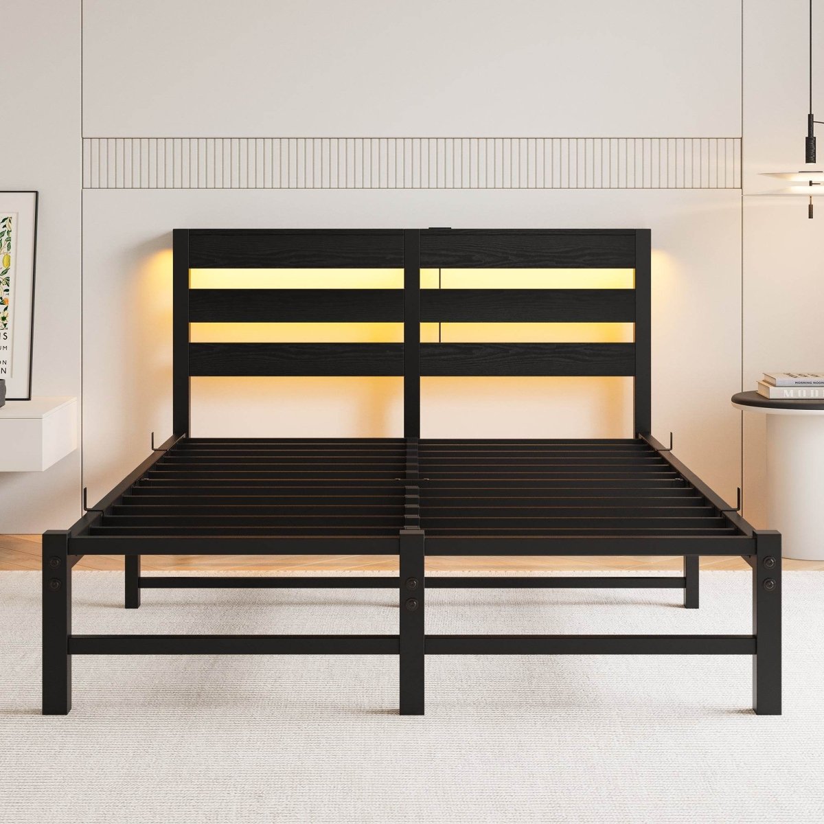 Full Full Size Metal Bed Frame With RGB LED Lights Charging - Driftwood - Omega Lifestyles