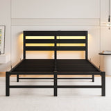Full Full Size Metal Bed Frame With RGB LED Lights Charging - Driftwood - Omega Lifestyles