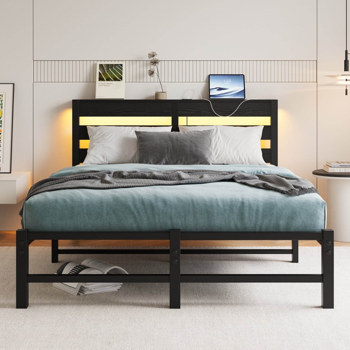Full Full Size Metal Bed Frame With RGB LED Lights Charging - Driftwood - Omega Lifestyles