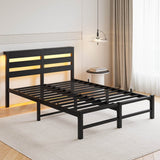 Full Full Size Metal Bed Frame With RGB LED Lights Charging - Driftwood - Omega Lifestyles