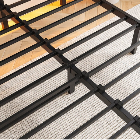 Full Full Size Metal Bed Frame With RGB LED Lights Charging - Driftwood - Omega Lifestyles