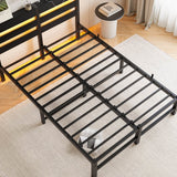 Full Full Size Metal Bed Frame With RGB LED Lights Charging - Driftwood - Omega Lifestyles