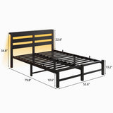 Full Full Size Metal Bed Frame With RGB LED Lights Charging - Driftwood - Omega Lifestyles