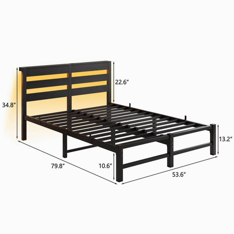 Full Full Size Metal Bed Frame With RGB LED Lights Charging - Driftwood - Omega Lifestyles