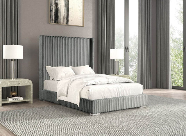 Full Gray Chenille Upholstered Contemporary Full Size Bed Frame - Driftwood - Omega Lifestyles