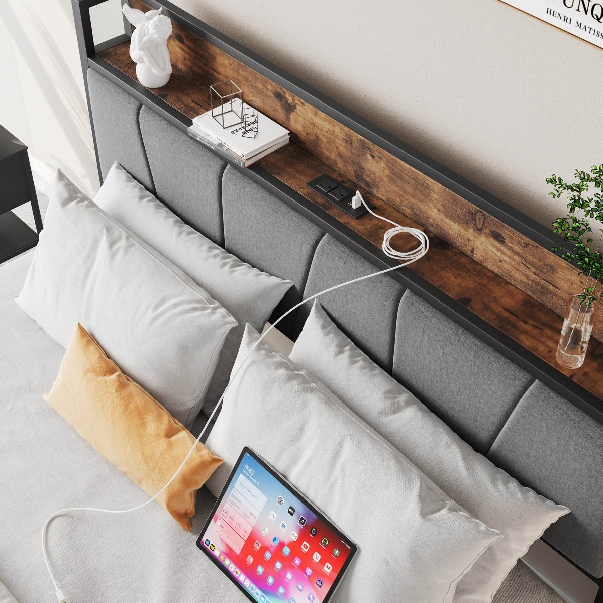 Full Metal And Wood Full Bed Frame With Charging Station - Driftwood - Omega Lifestyles