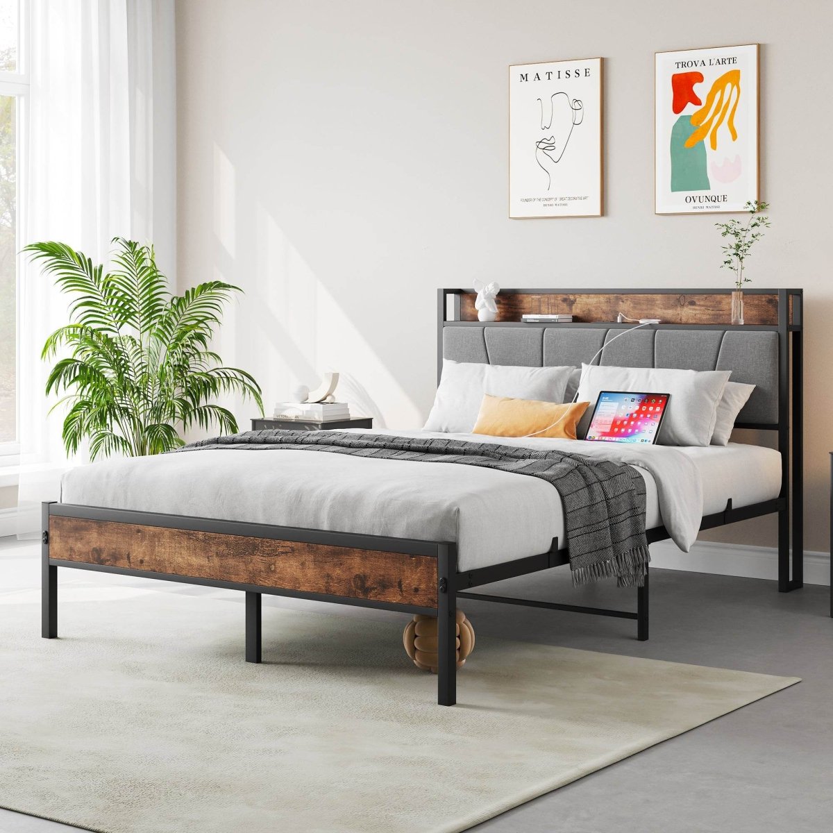 Full Metal And Wood Full Bed Frame With Charging Station - Driftwood - Omega Lifestyles