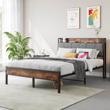 Full Metal And Wood Full Bed Frame With Charging Station - Driftwood - Omega Lifestyles