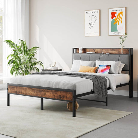 Full Metal And Wood Full Bed Frame With Charging Station - Driftwood - Omega Lifestyles