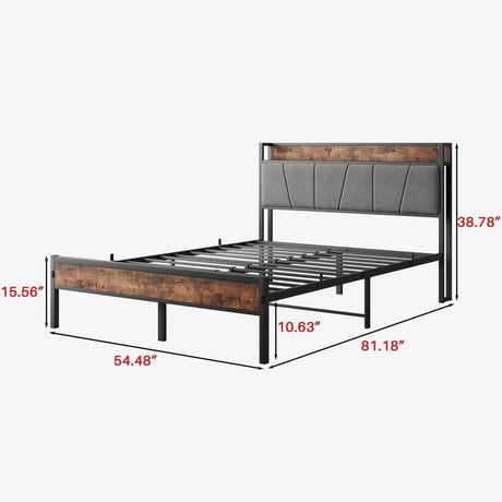 Full Metal And Wood Full Bed Frame With Charging Station - Driftwood - Omega Lifestyles
