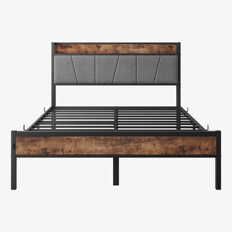 Full Metal And Wood Full Bed Frame With Charging Station - Driftwood - Omega Lifestyles
