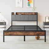 Full Metal And Wood Full Bed Frame With Charging Station - Driftwood - Omega Lifestyles